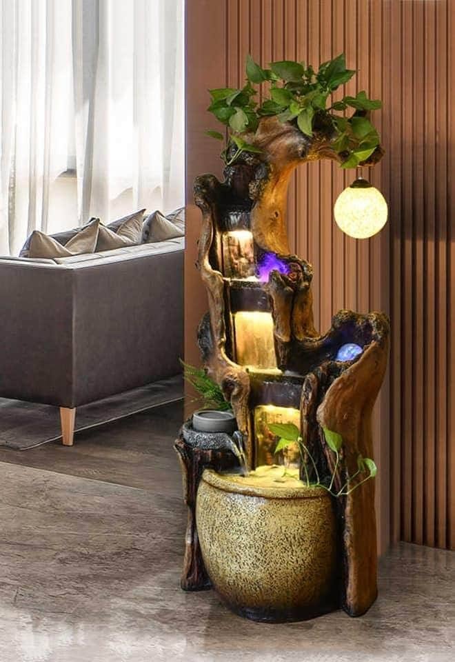 Indoor Decorative Water Feature with Wood and Stone Accents