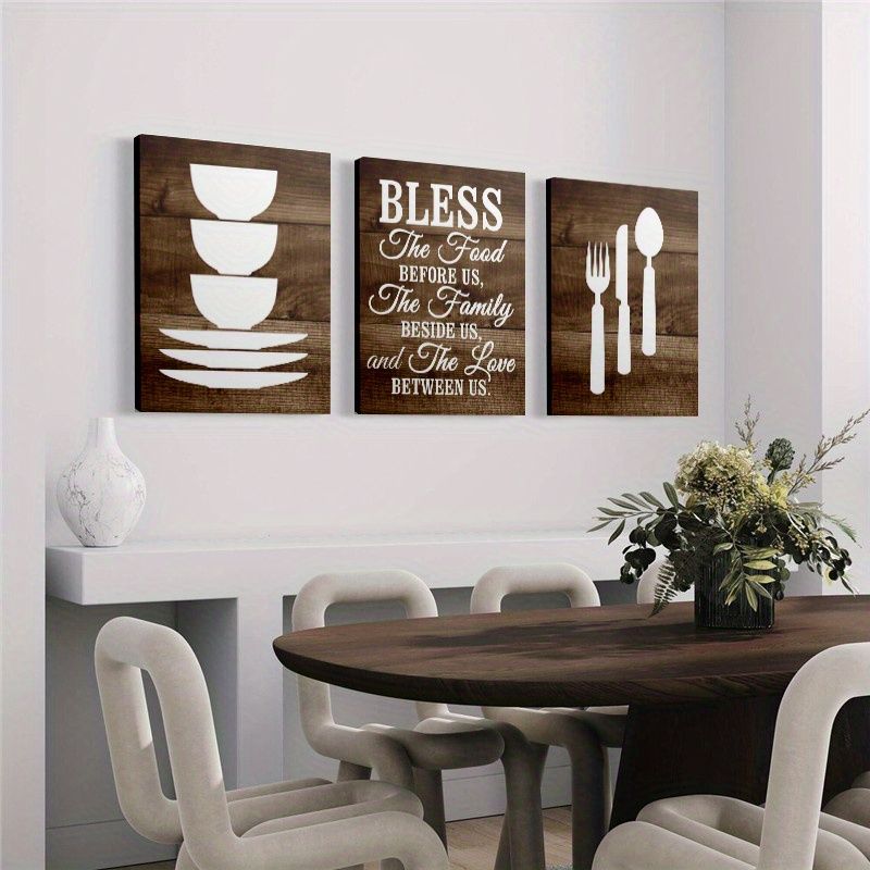 Modern Dining Room with Inspirational Wall Art and Dark Wood Table