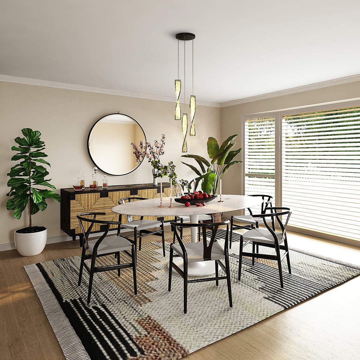 Modern Dining Room with Natural Accents and Statement Lighting