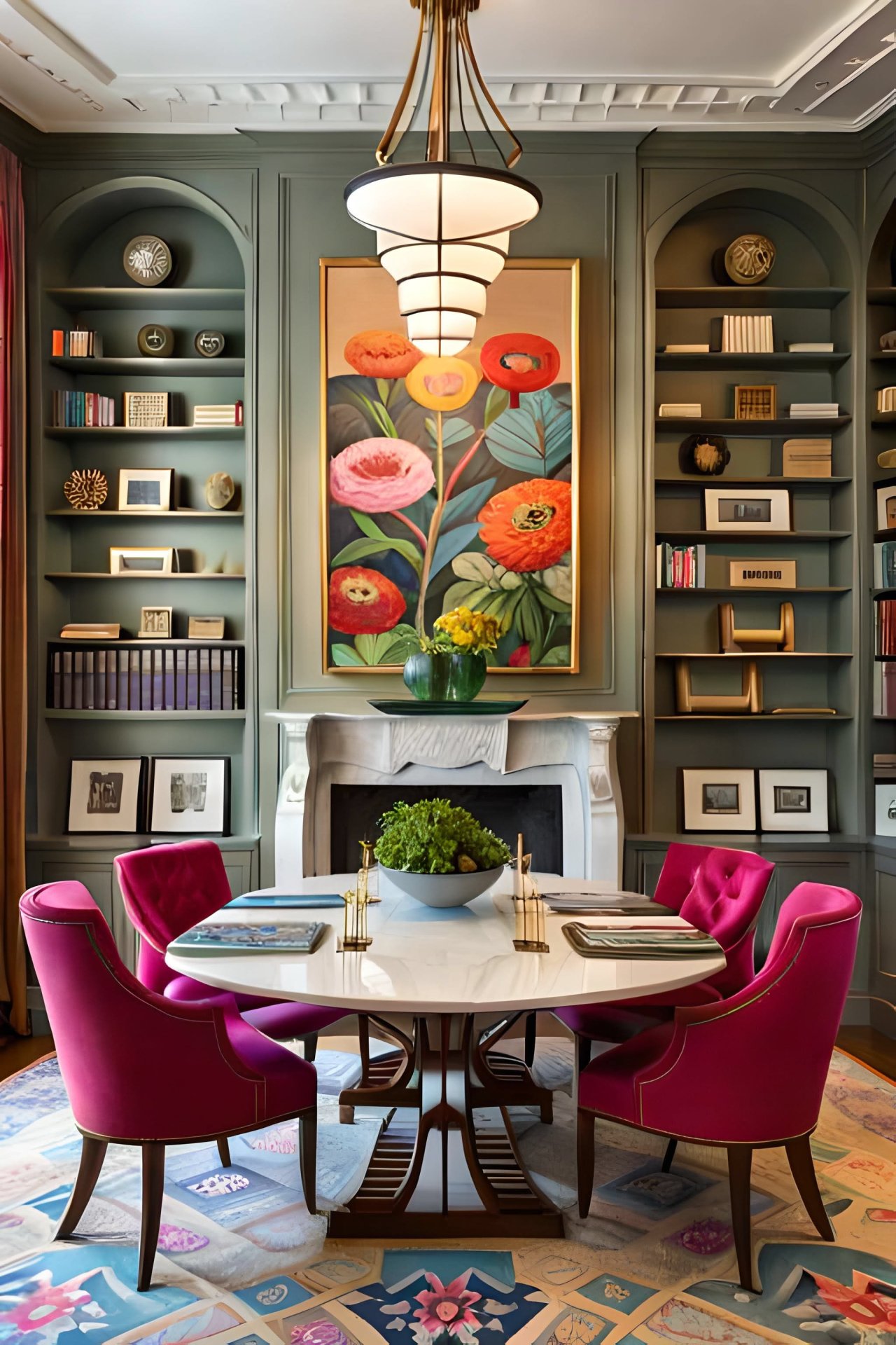 Elegant Modern Dining Room with Bold Floral Art and Velvet Chairs