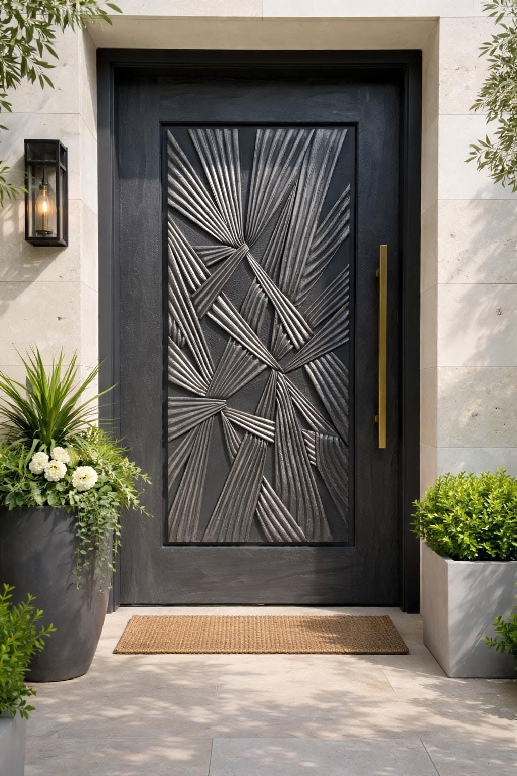 Modern Black Entry Door with Geometric Textured Design