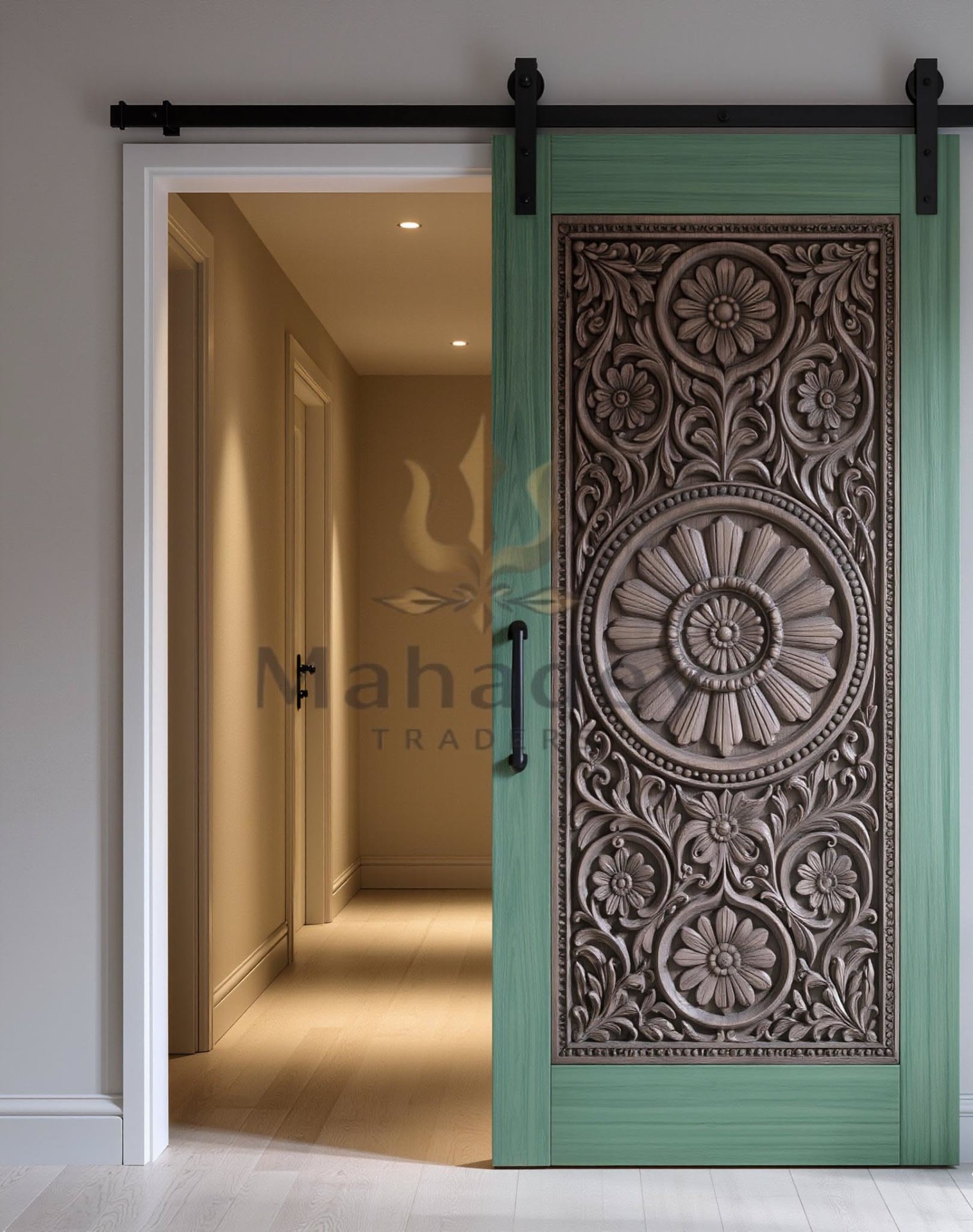 Ornate Sliding Barn Door with Floral Wood Carvings
