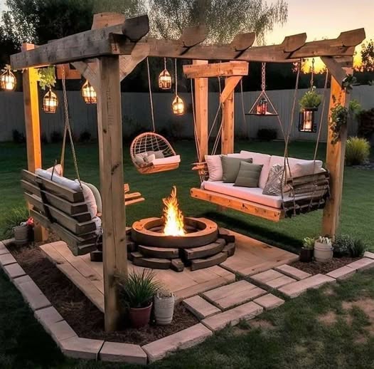 Cozy Backyard Pergola with Swings and Fire Pit