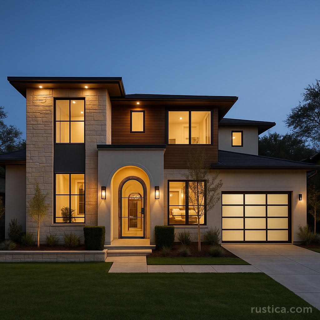 Contemporary Two-Story Home with Stone and Wood Facade