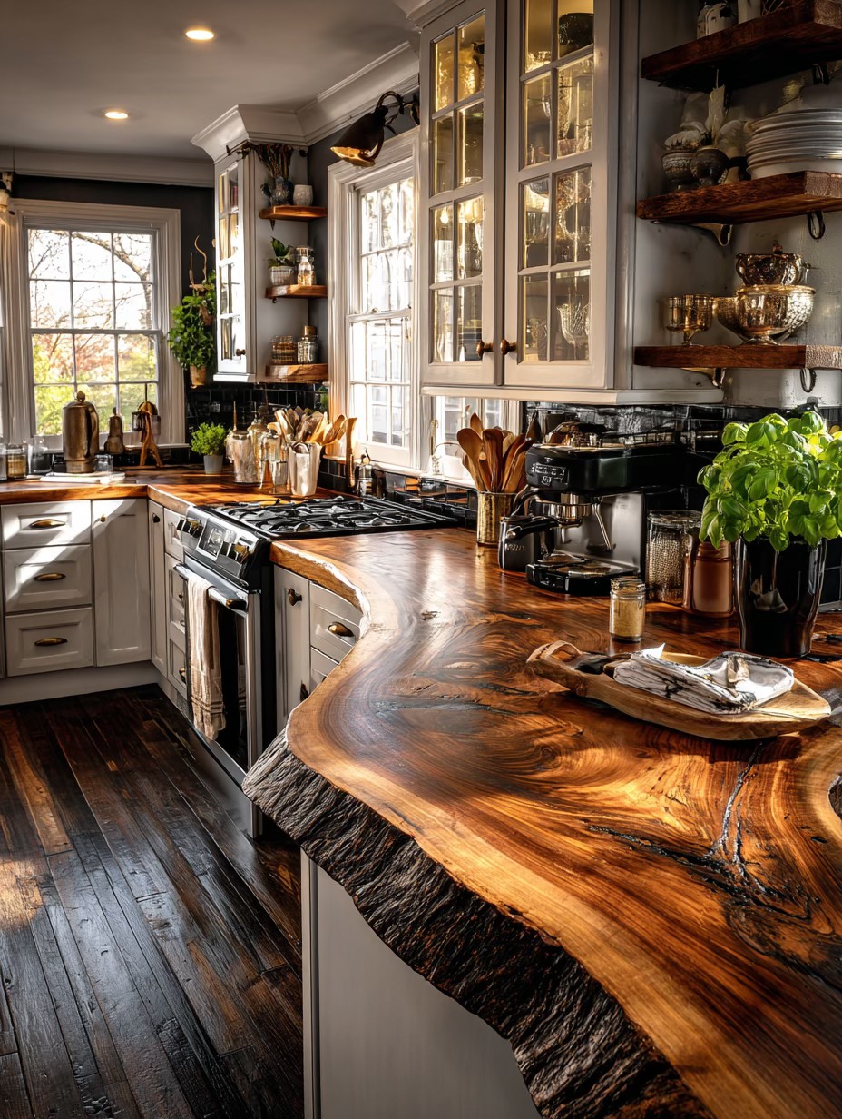Warm Kitchen with Live Edge Wood Countertops and Glass Cabinetry