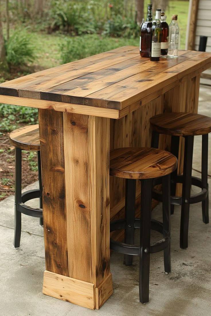 Rustic Outdoor Wood Bar Table with Matching Stools on Patio