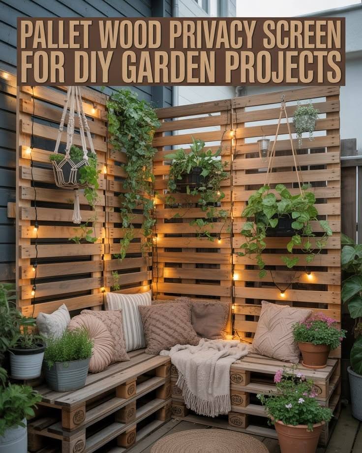 Cozy DIY Patio Corner With Pallet Wood Privacy Screen and String Lights