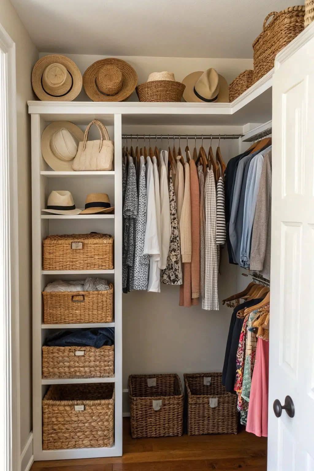 Organized Walk-In Closet with Woven Baskets and Open Shelving