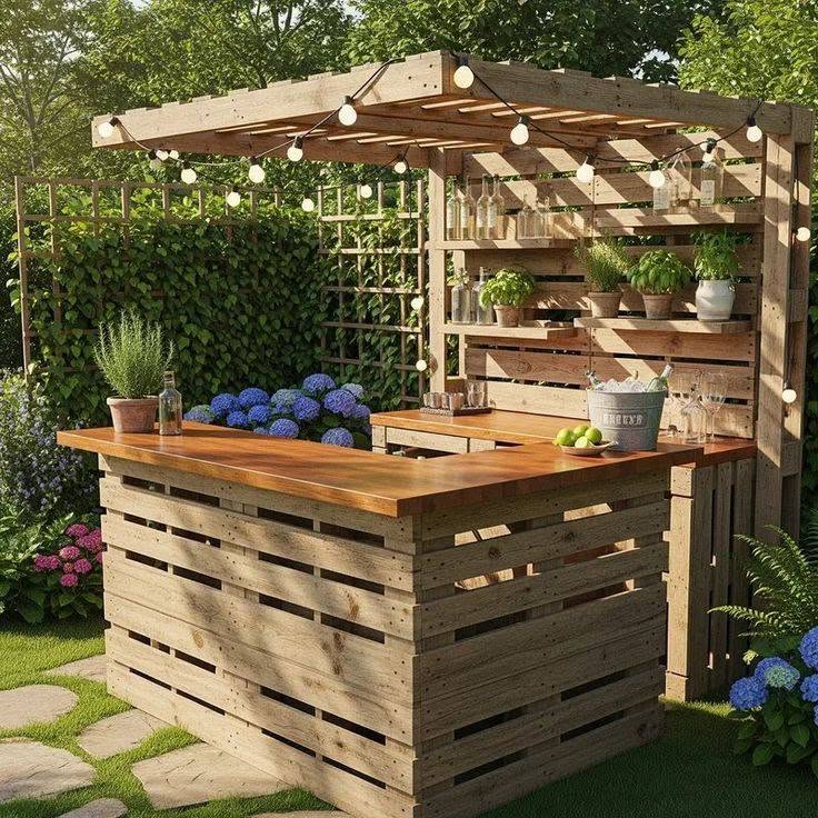 Rustic Outdoor Bar with Wooden Pergola and String Lights