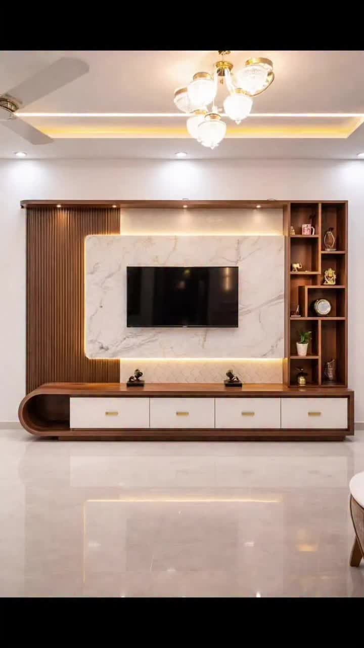 Modern Living Room TV Wall Unit with Marble and Wood Accents