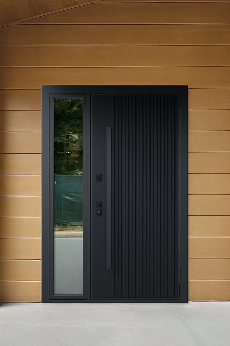 Modern Black Front Door with Vertical Glass Panel and Wood Siding