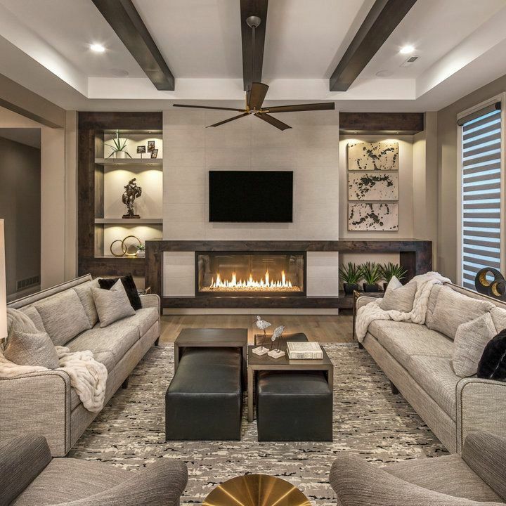 Contemporary Living Room With Exposed Beams and Linear Fireplace
