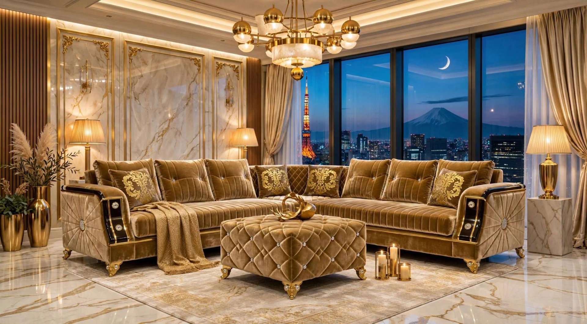 Opulent Living Room with Gold Velvet Sectional and Marble Accents