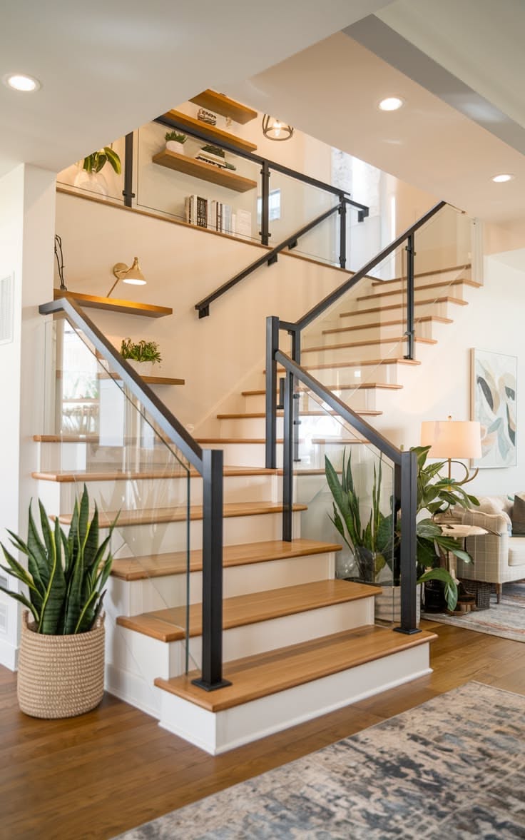 Modern Floating Staircase with Glass Railings and Wood Treads in Open Living…