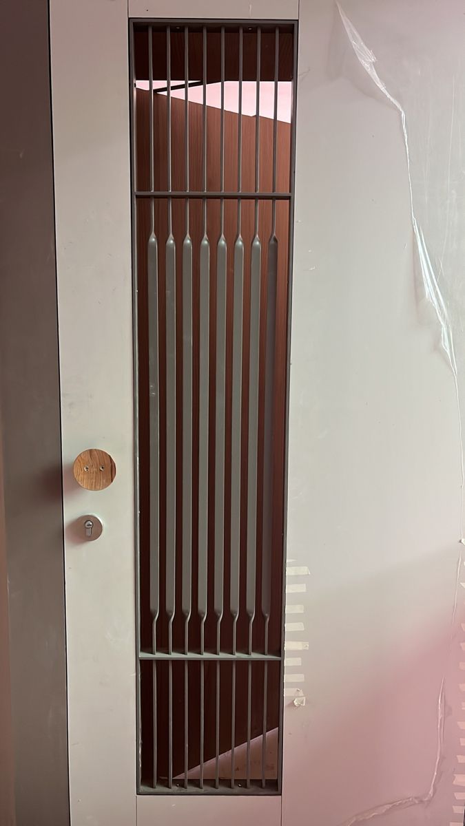 Modern Entry Door with Vertical Metal Grille and Frosted Panel