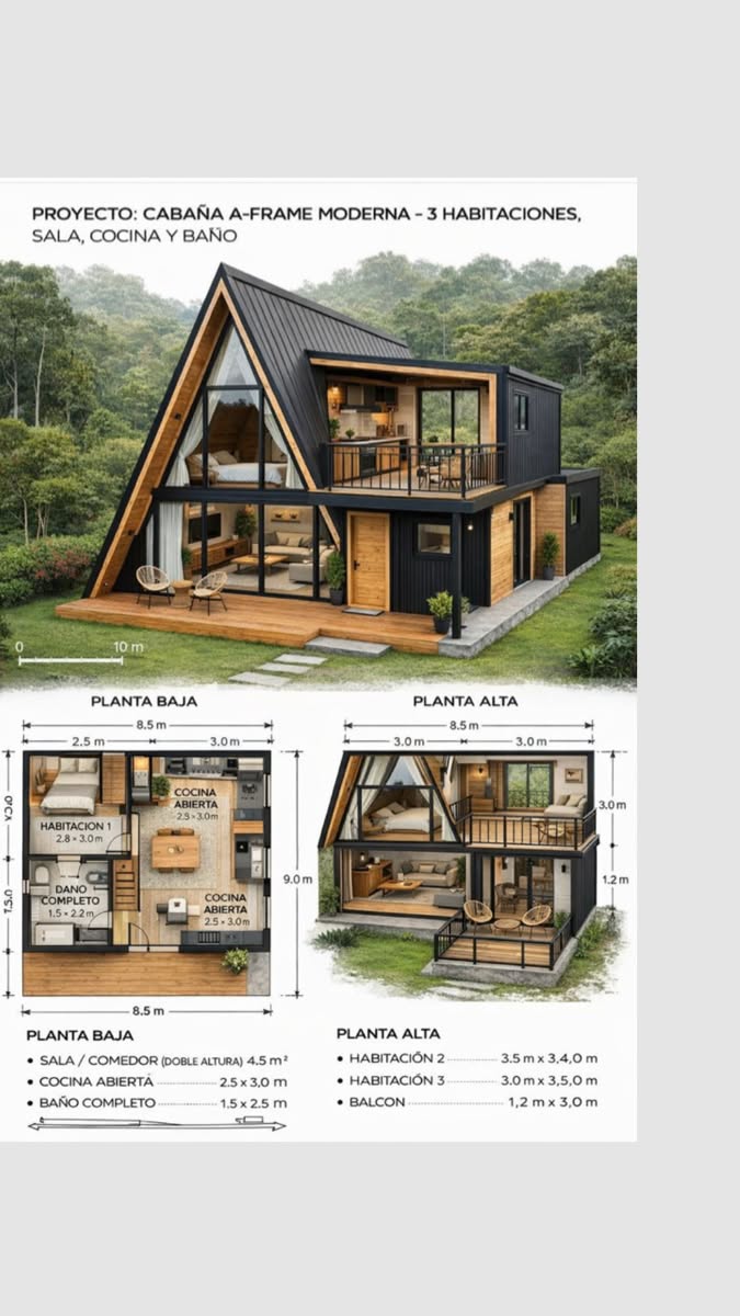 Modern A-Frame Cabin with Large Windows and Balcony