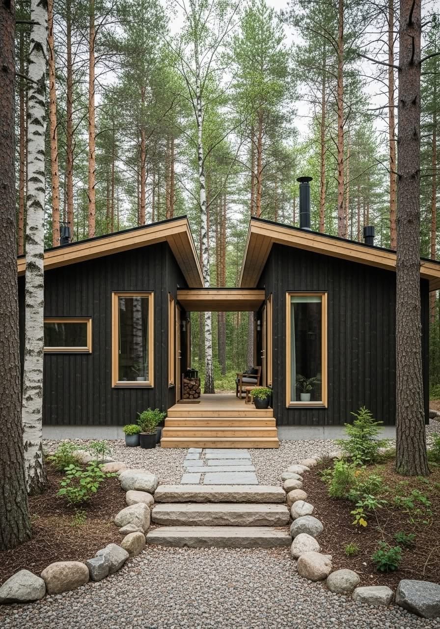 Modern Black Wood Cabin with Split Roof in a Pine Forest Setting
