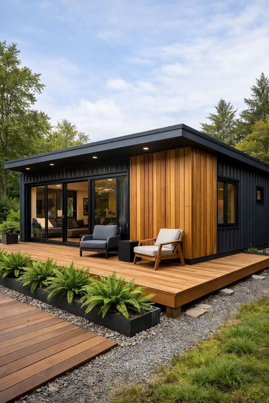 Modern Home Exterior with Black Metal and Natural Wood Siding