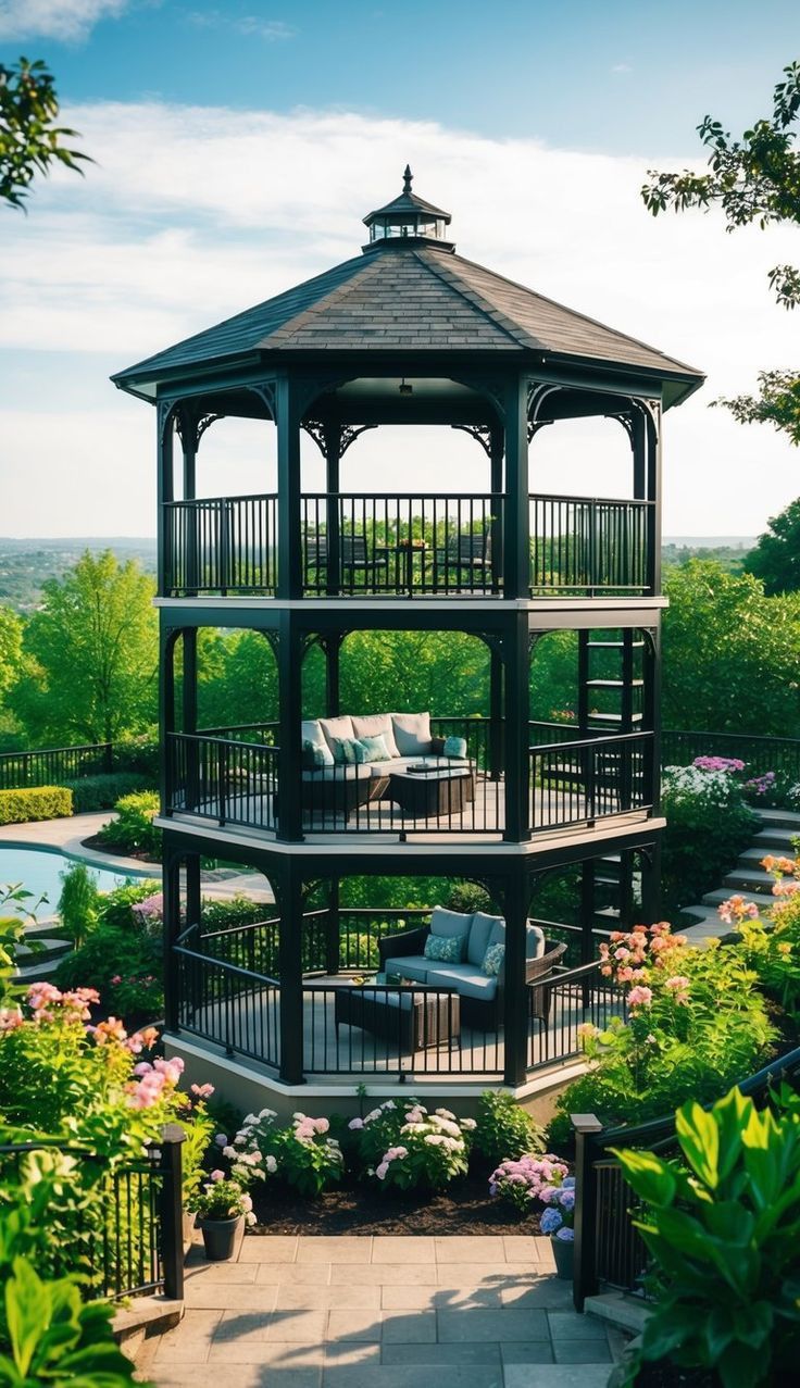 Three-Story Black Gazebo with Outdoor Seating and Garden Views
