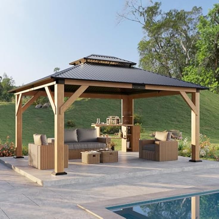 Modern Wood and Metal Poolside Gazebo with Outdoor Seating Area