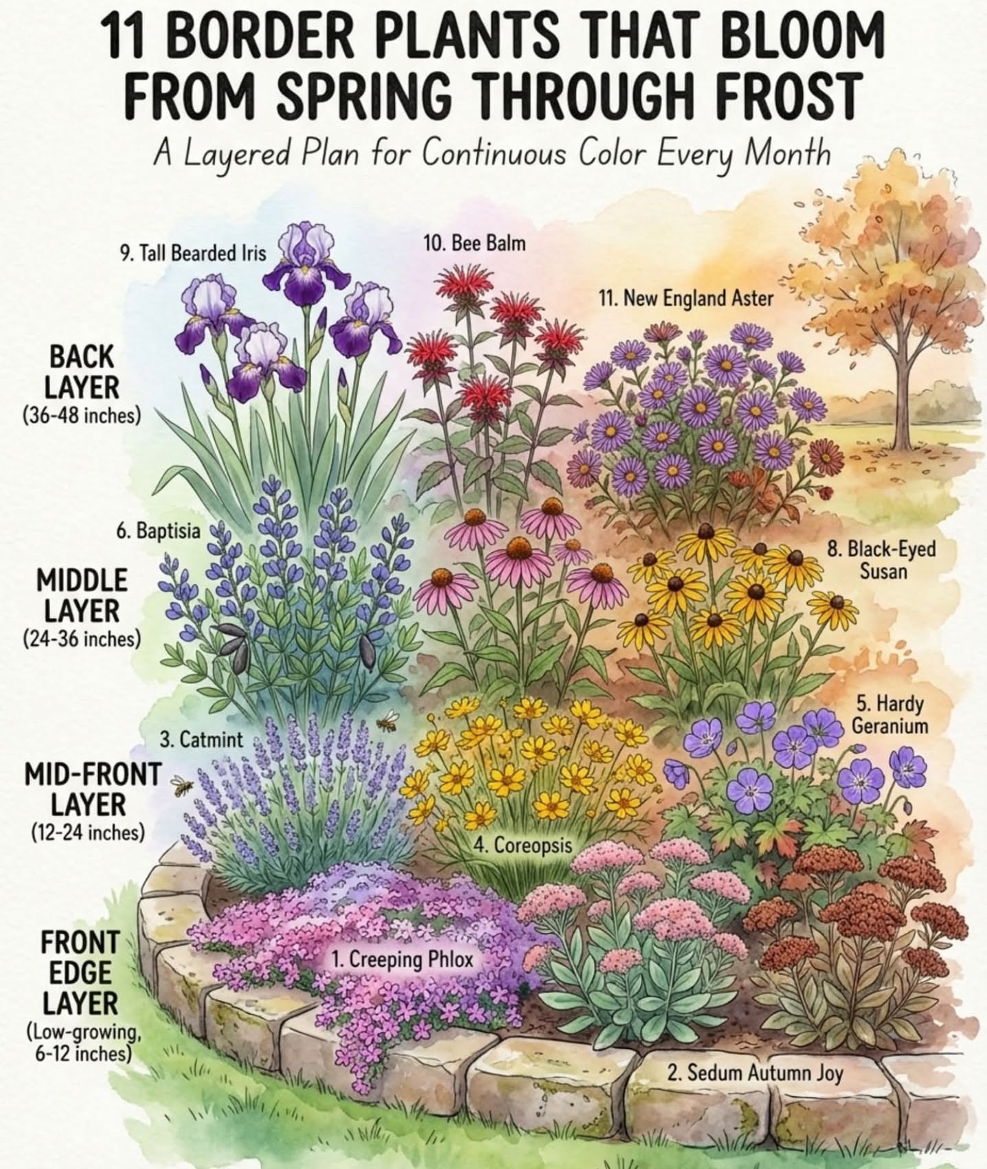 Layered Border Garden Plan With 11 Blooming Perennials for Year-Round Color