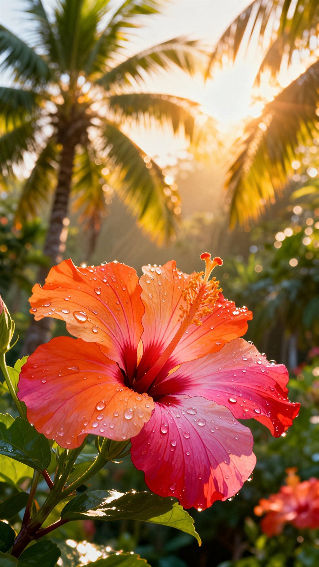 Vibrant Hibiscus Flower with Dew Drops in a Tropical Garden Setting