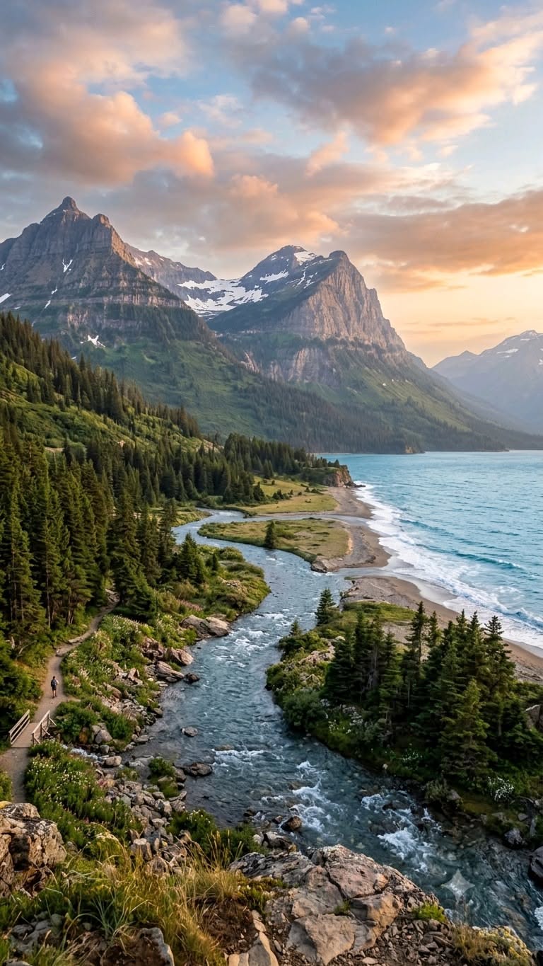 Scenic Mountain River Valley at Sunrise