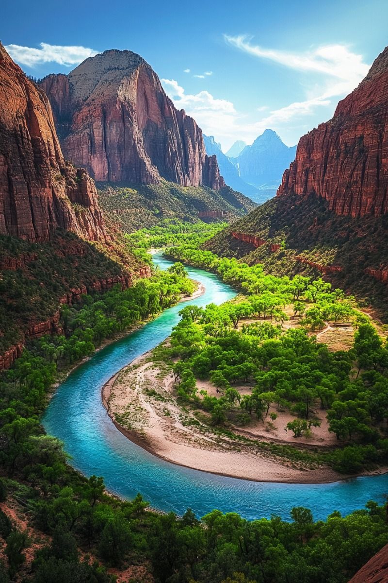 Vibrant River Valley Amid Towering Red Mountains