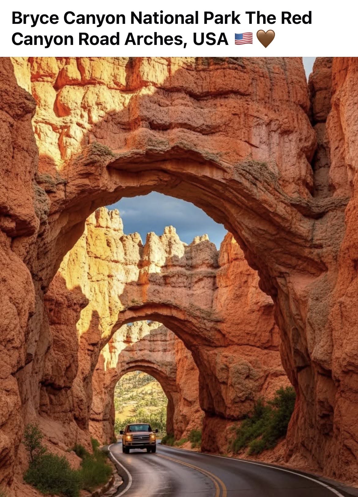 Natural Red Rock Arches Over Scenic Road in Bryce Canyon National Park