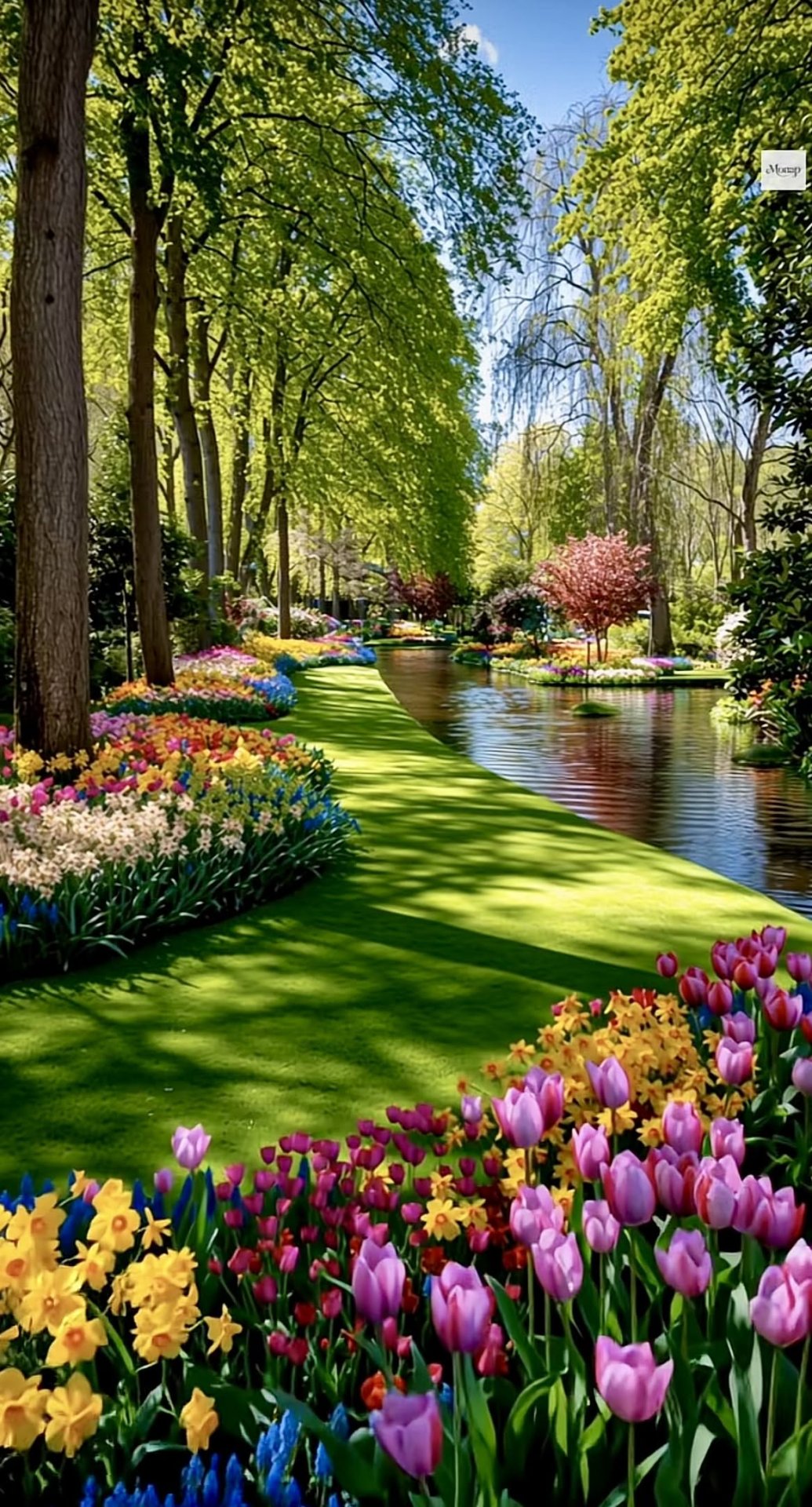 Vibrant Garden Stream with Colorful Flower Beds