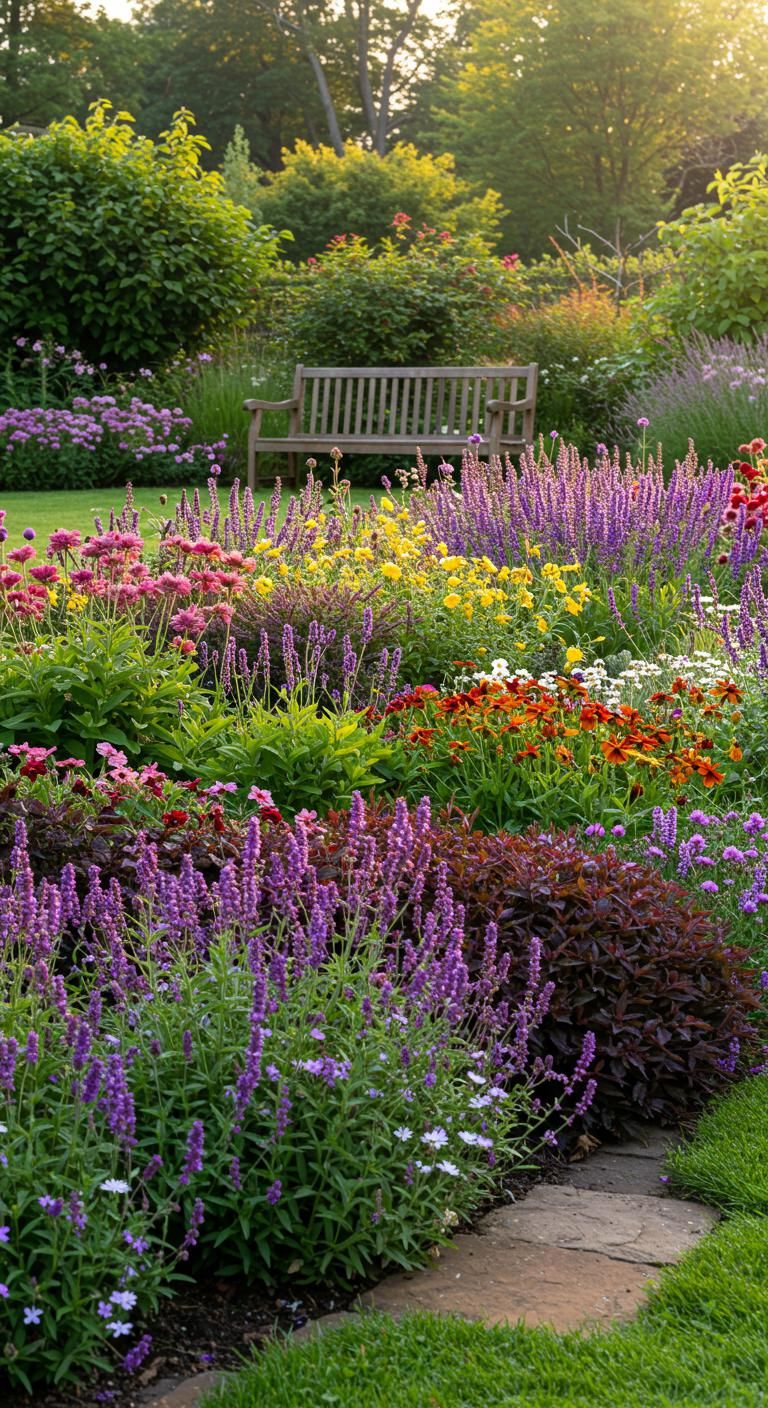 Colorful Perennial Flower Garden with Wooden Bench and Stone Path