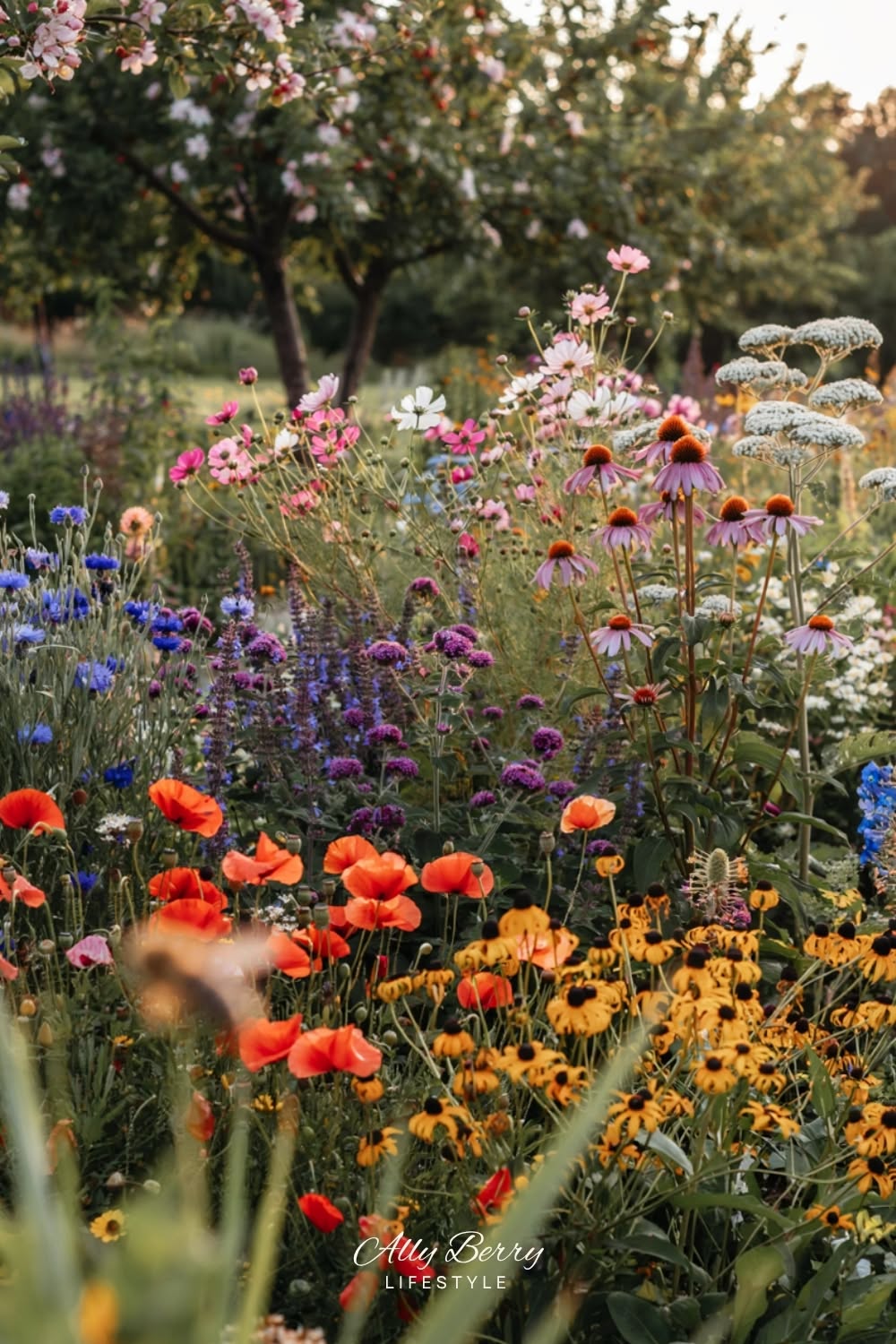 Wildflower Cottage Garden with Blooming Fruit Trees in Summer
