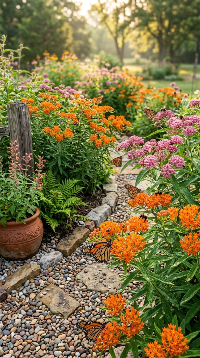 Butterfly-Friendly Garden Path with Colorful Perennials and Stone Walkway
