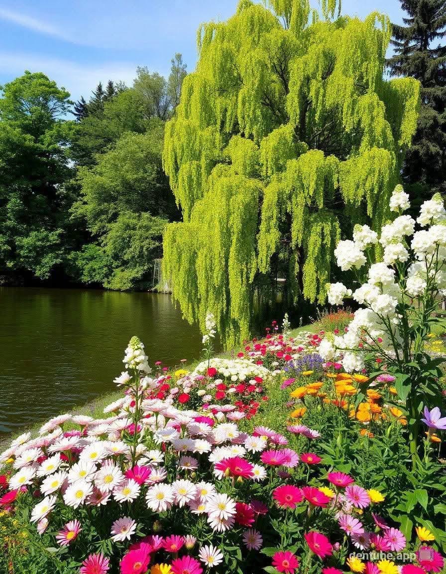 Lakeside Garden with Colorful Daisies and Weeping Willow Tree