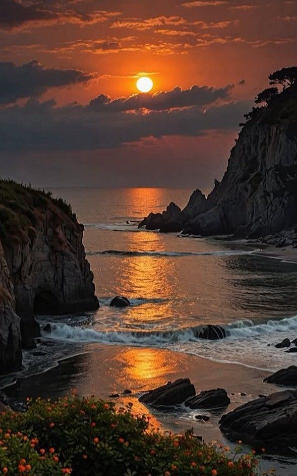 Dramatic Coastal Sunset Over Rocky Cliffs and Reflective Ocean Cove
