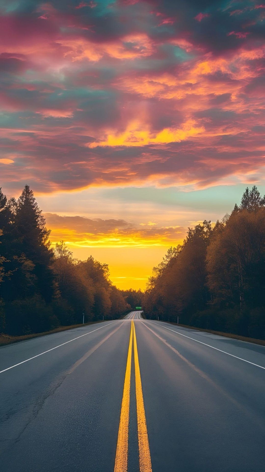 Serene forest highway at sunset with dramatic colorful sky
