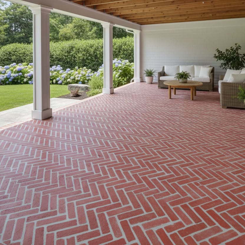Herringbone Brick Patio with Covered Outdoor Seating Area