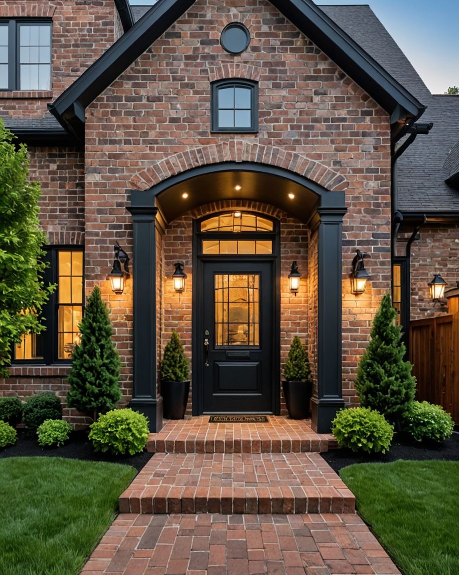 Classic Brick Home Entrance with Elegant Black Trim and Lighting