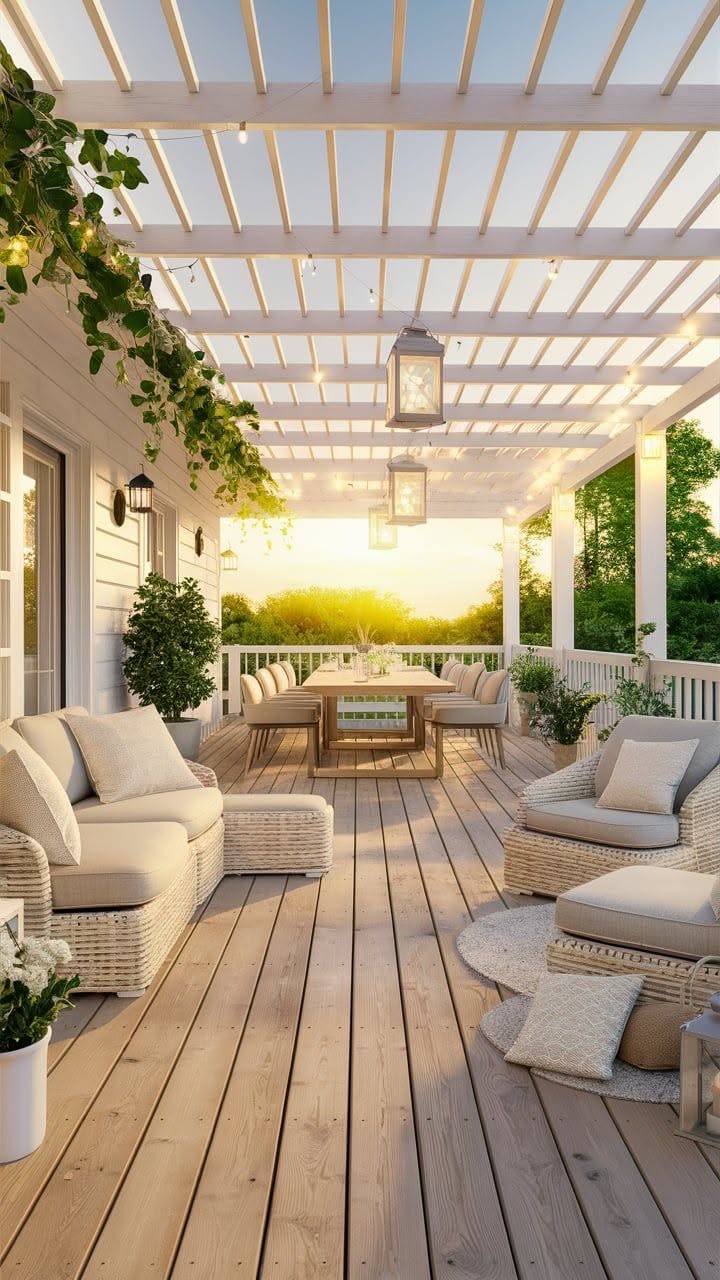 Cozy Patio With White Pergola, Wicker Seating, and Sunset Views