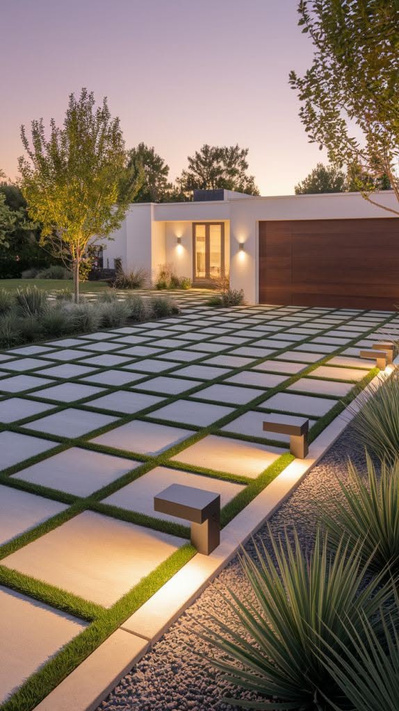 Modern Grid-Pattern Concrete Driveway with Integrated Lighting