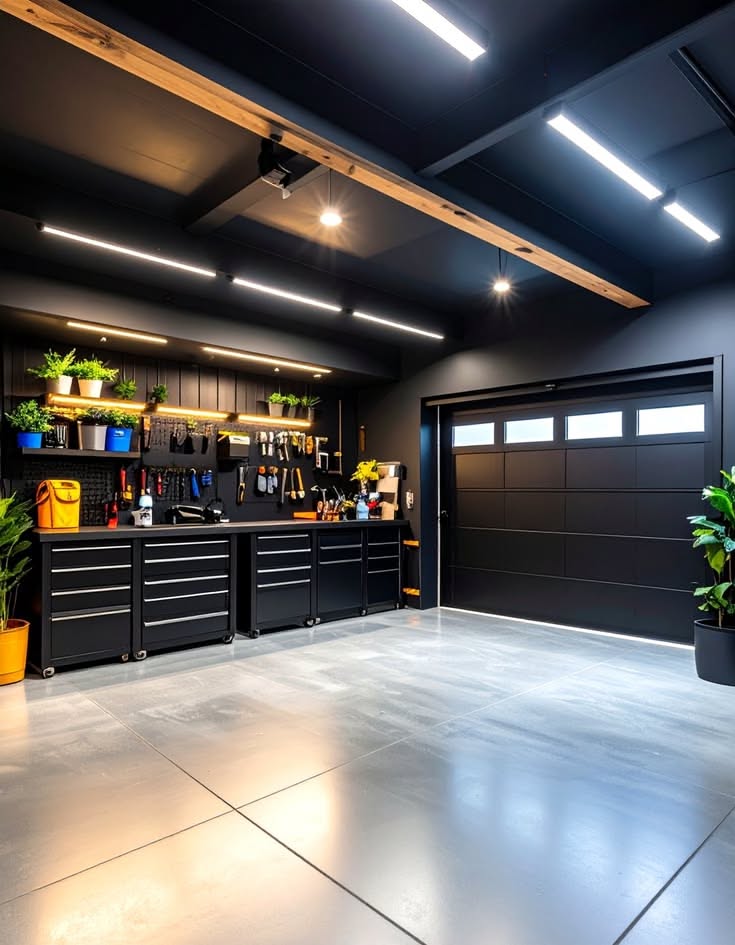 Modern Garage Workshop With Sleek Storage and Polished Concrete Floor