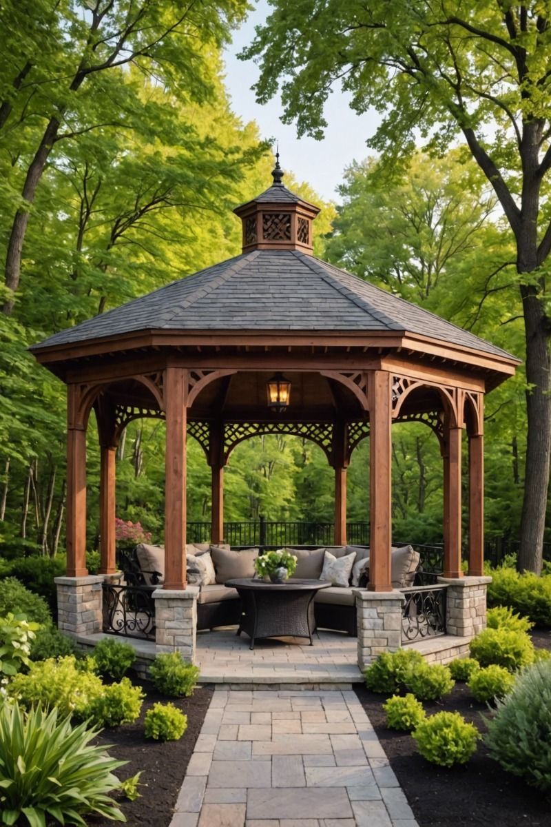 Classic Wooden Gazebo with Stone Base in Lush Garden Setting