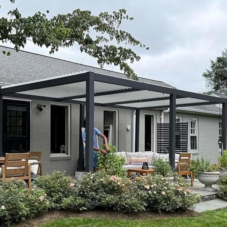 Modern Patio with Metal Pergola and Outdoor Seating Area