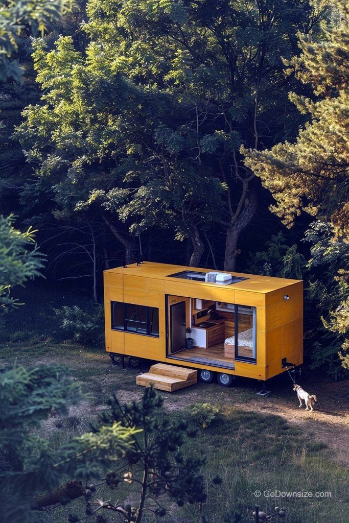 Modern Yellow Tiny House on Wheels Nestled in a Forest Clearing