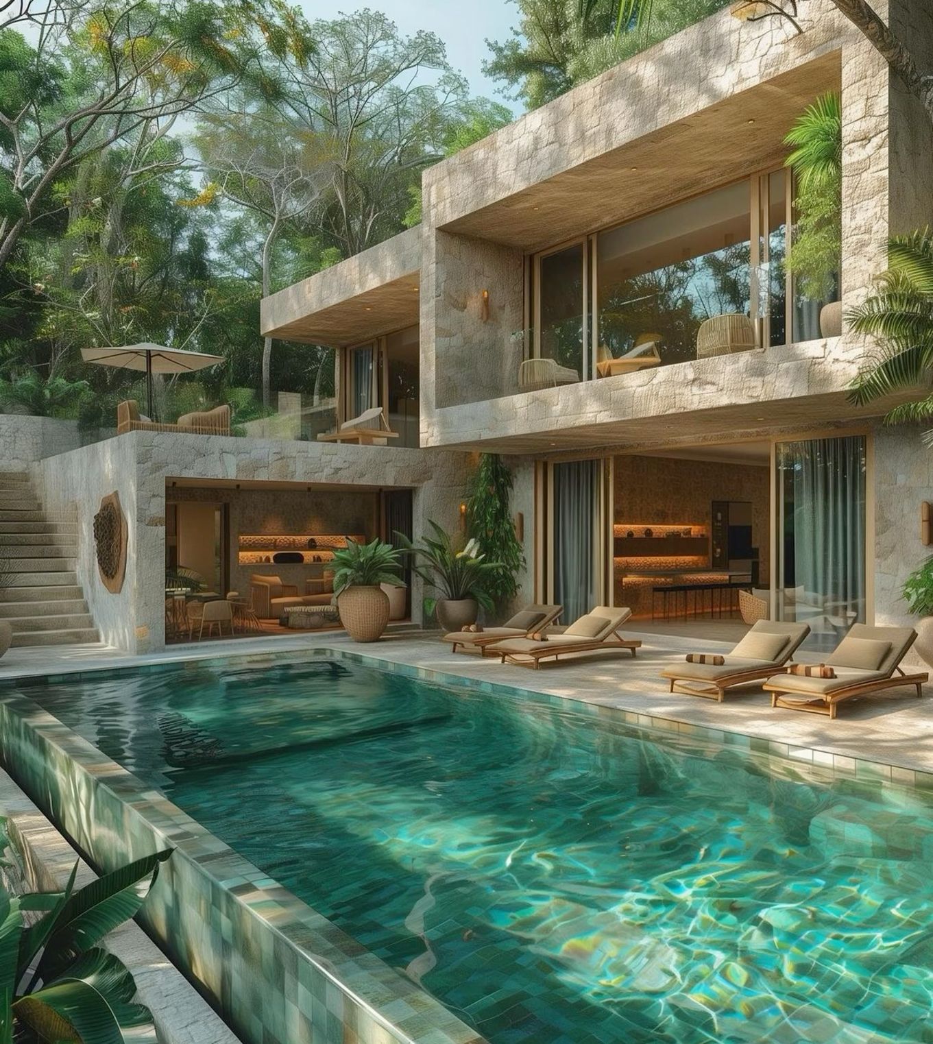 Modern Stone Villa with Tiered Terraces and Lush Poolside Retreat