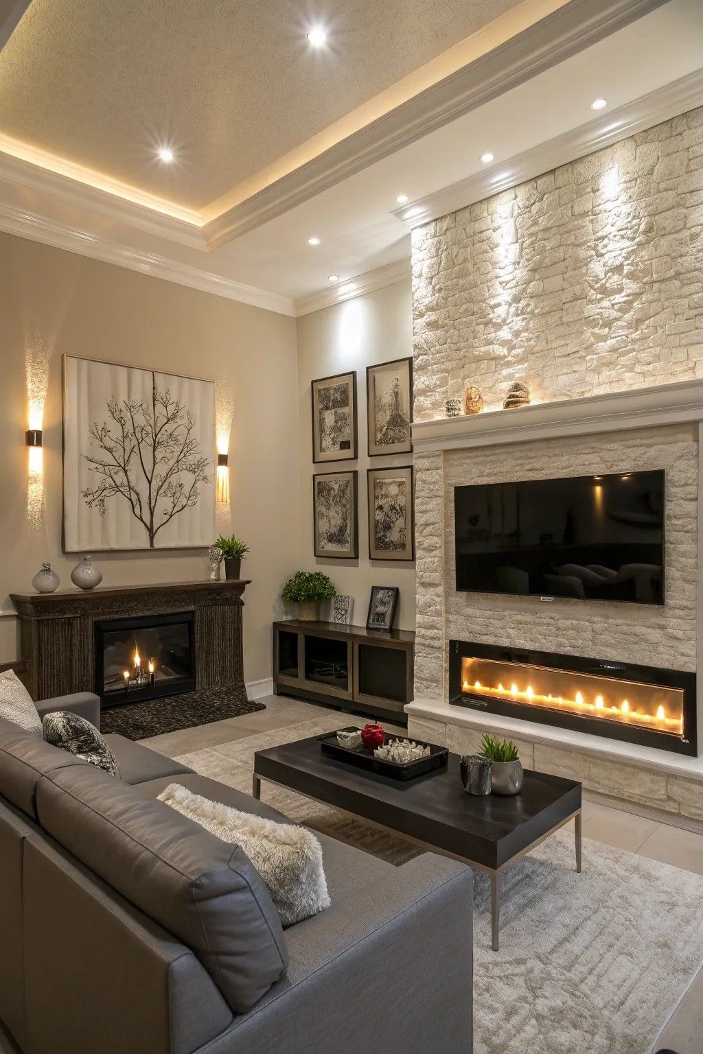 Contemporary Living Room with Stone Fireplace and Layered Lighting