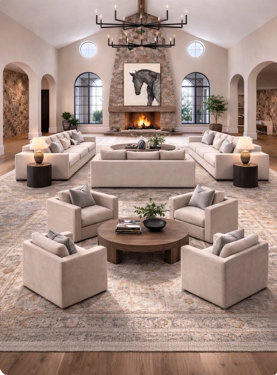 Spacious Living Room with Stone Fireplace and Neutral Modern Furnishings