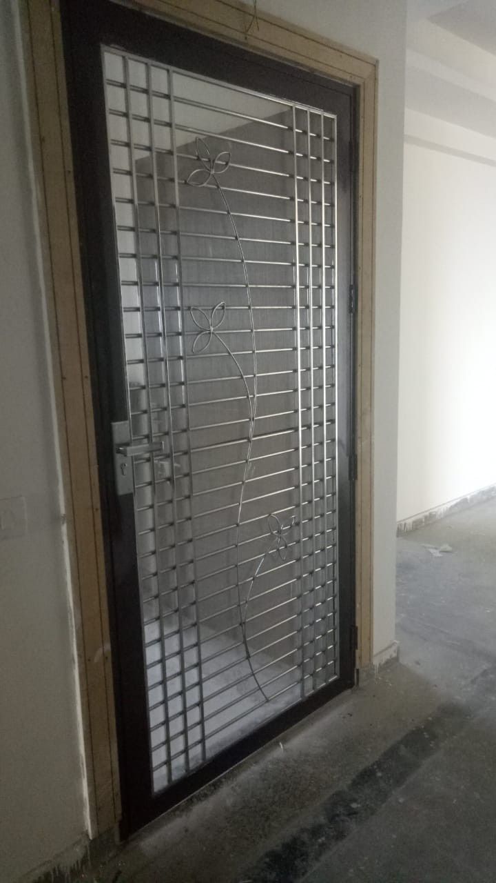 Contemporary Steel Security Door with Floral Grill for Home Entry