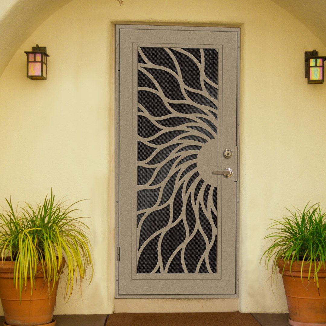 Modern Security Door with Sunburst Pattern in Stucco Entryway