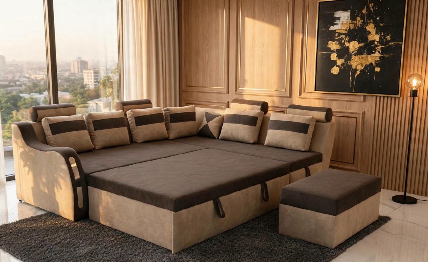 Contemporary Living Room With Convertible Sectional Sofa and City View